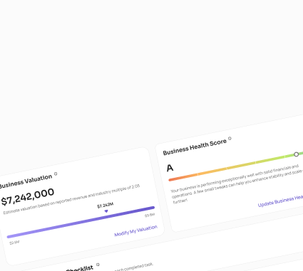 Seller dashboard with valuation and business health score