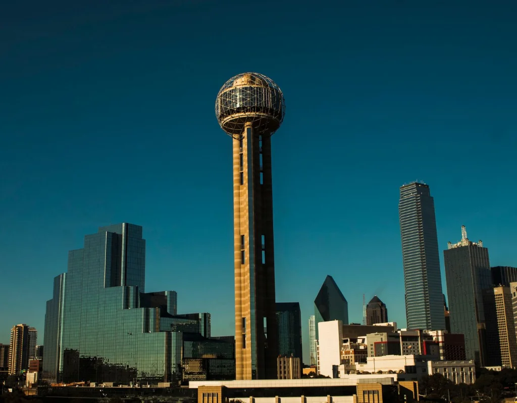 Dallas skyline with Reunion Tower under a clear sky
